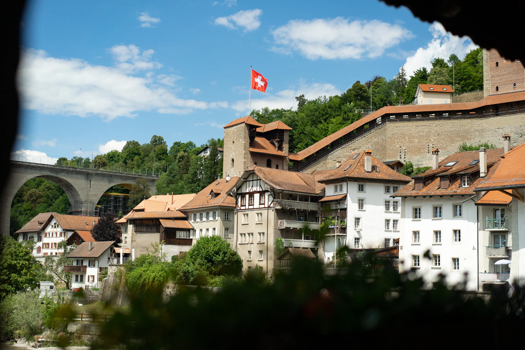 Historic houses and a bridge in Fribourg, Switzerland
